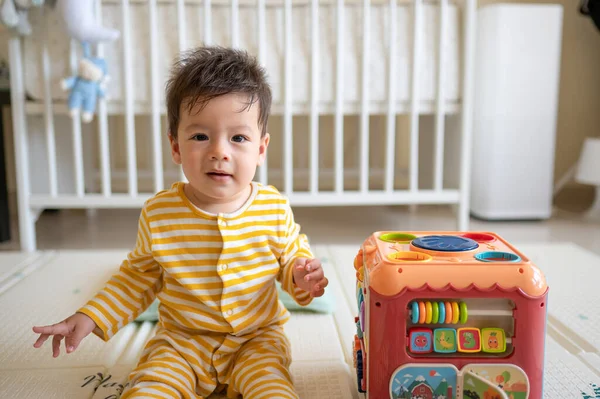 Months Old Mixed Race Baby Boy Playing Activity Box Bedroom — Stock Photo, Image