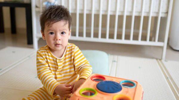 Months Old Mixed Race Baby Boy Playing Activity Box Bedroom — Stock Photo, Image