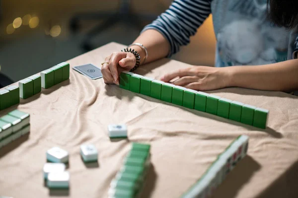 Female Friends Playing Mahjong Traditional Chinese Board Game Home Translation — Stock Fotó