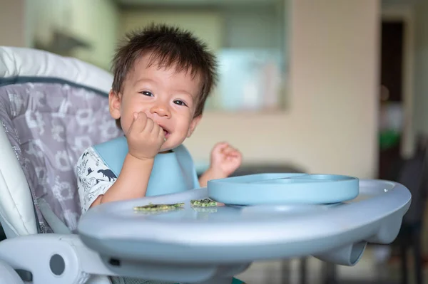 Baby Boy Eating Himself His High Chair Home Adorable One — Foto Stock