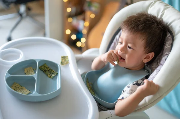 Baby Boy Eating Himself His High Chair Home Adorable One — Foto Stock