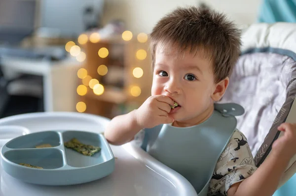 Baby Boy Eating Himself His High Chair Home Adorable One — Foto Stock
