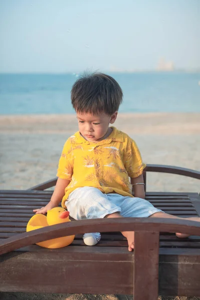 Baby Boy Beach Holiday Sitting Sunbed Sunset One Year Old — Stock Photo, Image