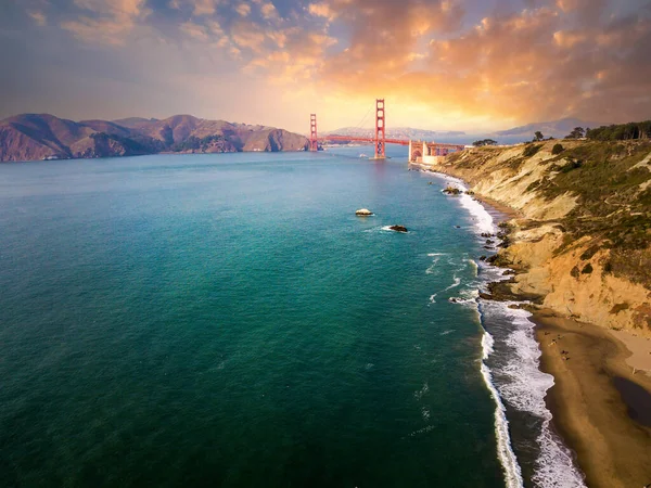 Sunset Golden Gate Bridge Seen Marshall Beach San Francisco Aerial — Stock Photo, Image