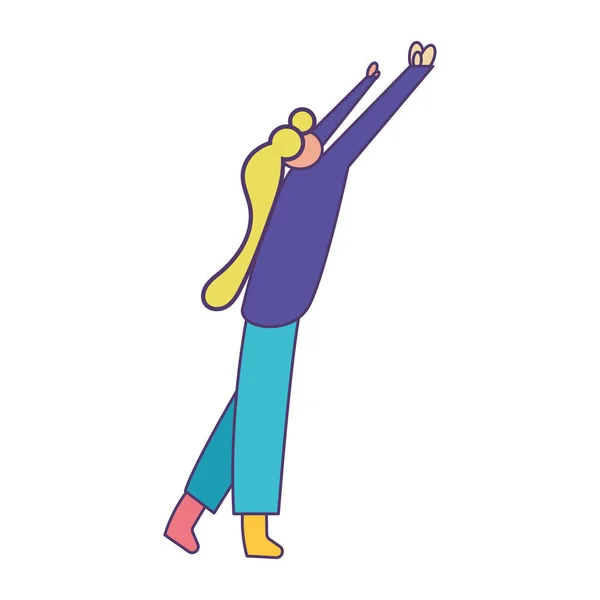Aislado feliz chica de dibujos animados con ambas manos arriba Vector — Vector de stock