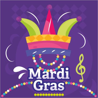 Renkli Mardi Gras posteri soytarı şapkası taşıyıcısı.