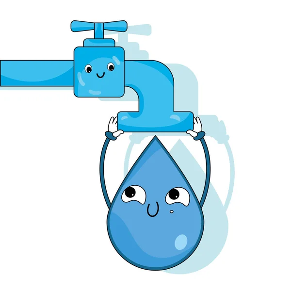 Isolated happy water drop cartoon hanging from a tap Vector — Stock Vector