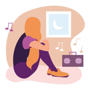 Müzik dinlerken oturan kız Hygge konsept vektörü