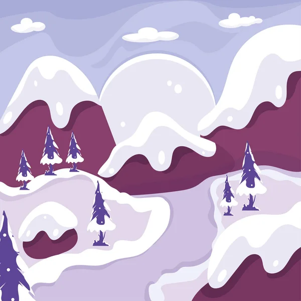 Piękny zimowy czerwony krajobraz zimowy ze wzgórzami i drzewami Vector — Wektor stockowy