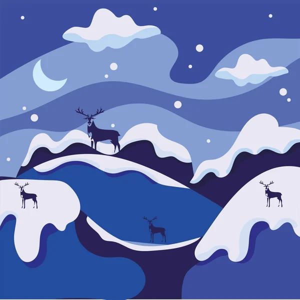 Hermoso paisaje de invierno azul frío con colinas y renos Vector Ilustraciones de stock libres de derechos