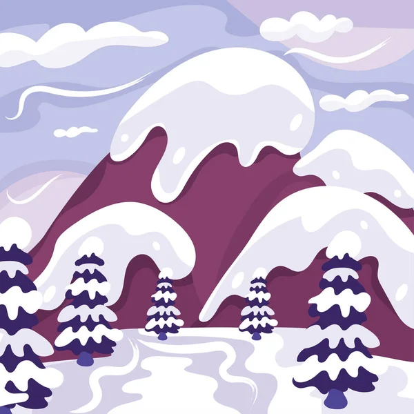 Piękny kolorowy zimowy krajobraz ze wzgórzami i drzewami Vector — Wektor stockowy