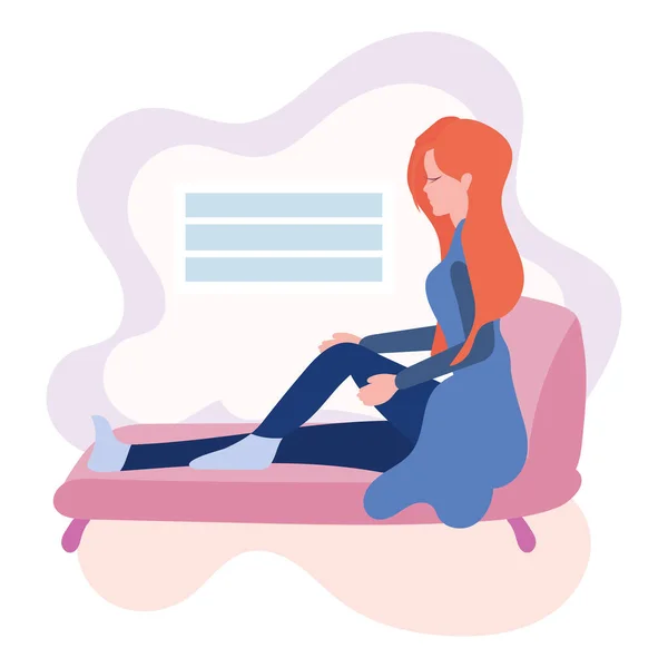 Mujer feliz sentada en un sofá concepto Hygge Vector — Vector de stock