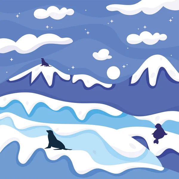 Zimowy krajobraz zimowy z wzgórzami, fokami i zwierzętami morskimi Vector — Wektor stockowy