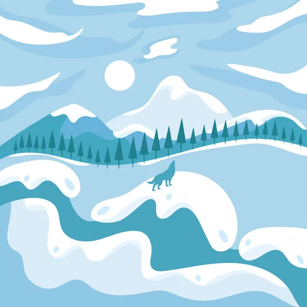 Piękny jasnoniebieski zimowy krajobraz ze wzgórzami i drzewami Vector — Wektor stockowy
