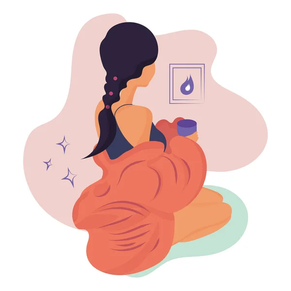 Mujer aislada con una taza de bebida caliente concepto Hygge Vector — Vector de stock