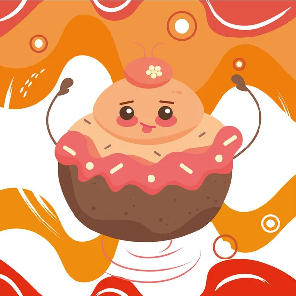 Isolé heureux cupcake dessin animé personnage de boulangerie mignon vecteur — Image vectorielle