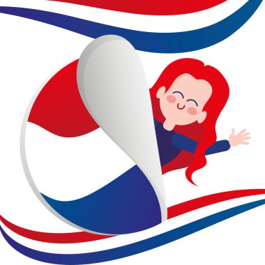 Hollanda bayrağı taşıyan bir etikette izole edilmiş mutlu kız seyahat konsepti Vektörü