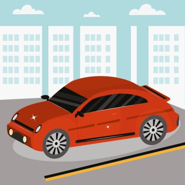 Üç boyutlu araba caddede yuvarlanıyor.