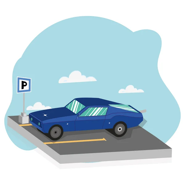 Geïsoleerde 3D blauwe vintage auto op een parkeerplaats slot Vector — Stockvector