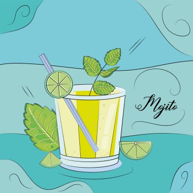 Limonlu ve naneli mojito kokteyli çizimi Tropikal kokteyl taşıyıcısı.