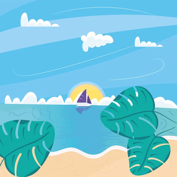 Ship on the ocean Summer holiday travel landscape Vector — стоковый вектор