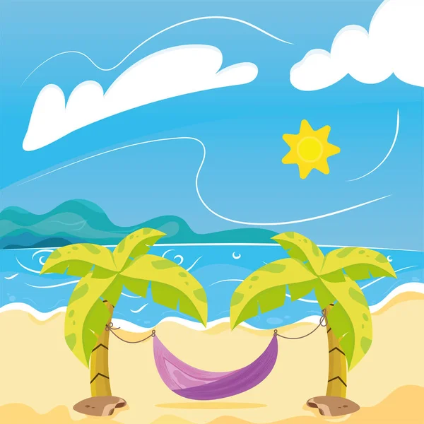 Amaca tra due palme sulla spiaggia Paesaggio estivo Vettore — Vettoriale Stock