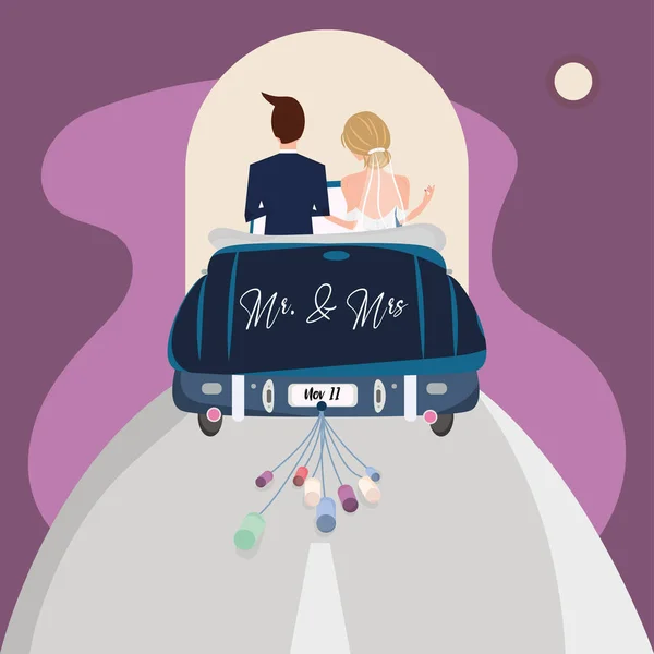 Married couple on a car Wedding colored template Vector — стоковый вектор