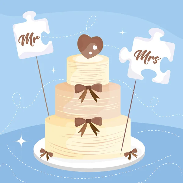 Chocolate wedding cake with ribbons and heart Wedding template Vector — Archivo Imágenes Vectoriales