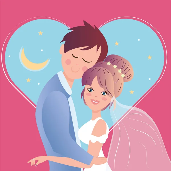 Happy married couple hugging each other Colored wedding template Vector — стоковый вектор