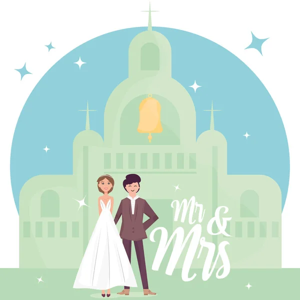 Happy married couple characters near a castle building Wedding template Vector — стоковый вектор