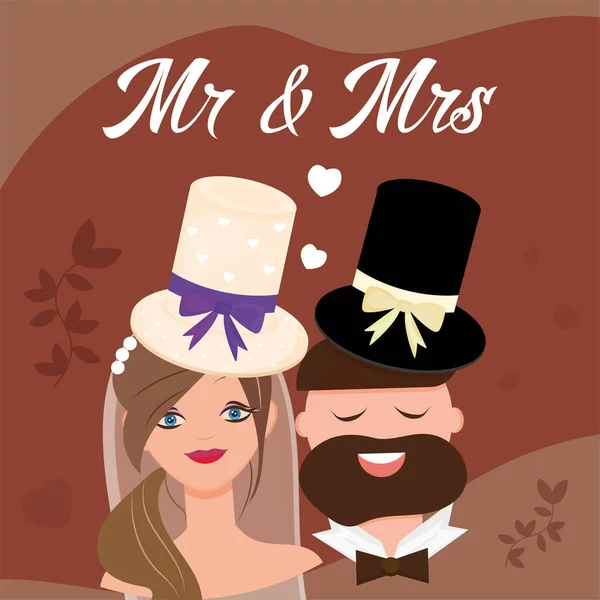Happy avatar couple with hats Wedding colored template Vector — стоковый вектор