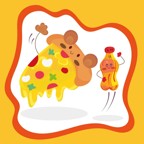 Isolé mignon heureux pizza et soda dessins animés Fast food vecteur — Image vectorielle