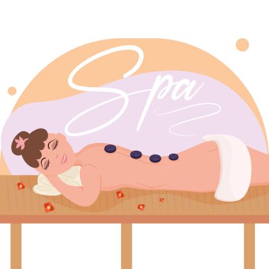 Sırtında taşlarla mutlu bir kız Masaj Spa konsepti taşıyıcısı