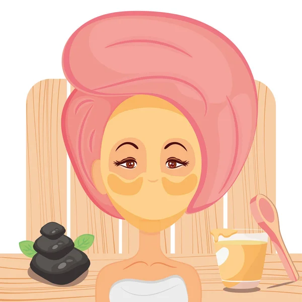 Mujer de belleza con una máscara facial de spa y toalla Concepto de spa Vector — Vector de stock