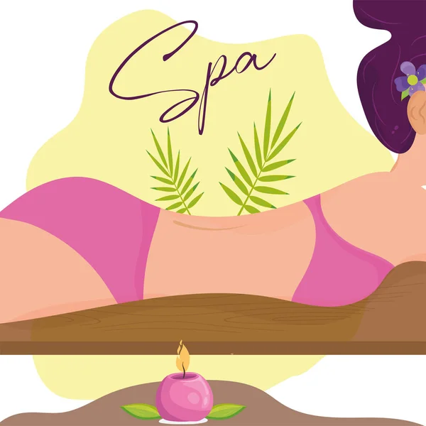 Dziewczyna na bikini relaks na stole do masażu koncepcja Spa Vector — Wektor stockowy