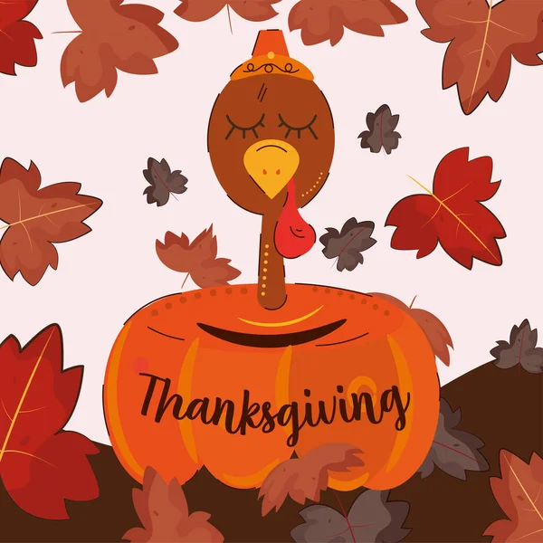 Turkije Komt Uit Een Pompoen Gelukkige Thanksgiving Dag Vector Illustratie — Stockvector