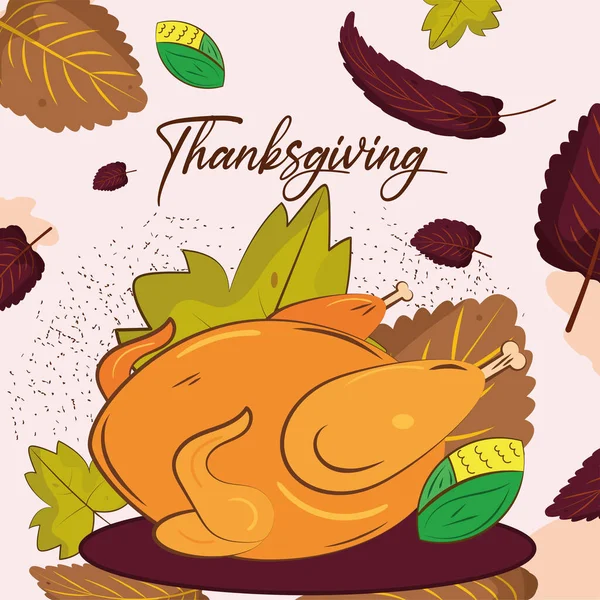 Kolorowy Szczęśliwy Dziękczynienie Dzień Plakat Indyka Żywności Jesieni Liście Wektor — Wektor stockowy