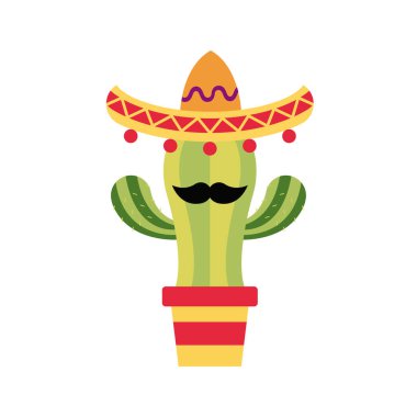 Meksika şapkası ve bıyıklı şirin kaktüs. Çizgi film ikonu Vektör çizimi.