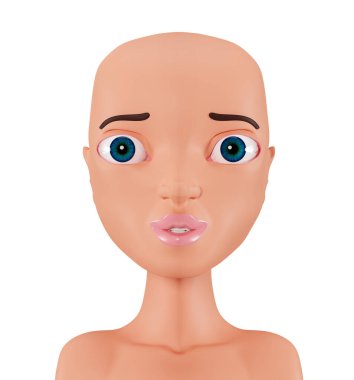 Kemoterapiden sonra pozitif kılsız kadın, 3 boyutlu görüntüleme. Beyaz bir arka planda izole edilmiş kel bir kadının portresi. Kanserle mücadele kavramı.