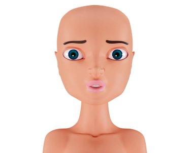 Beyaz bir arka planda izole edilmiş kel bir kadının portresi. Bir kadının kafası bir mankendir. Kemoterapiden sonra üç boyutlu genç kadın çizgi filmi. Kafa heykeli, 3D görüntüleme