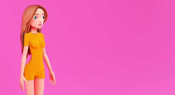 Mulher Fundo Rosa Bonito Desenho Animado Jovem Render Mulher Bonita — Fotografia de Stock