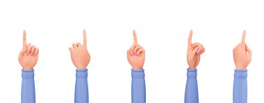Çizgi film el işaretleri ya da bir şeye tıklamalar, üç boyutlu görüntüleme. Mavi kazaklı, işaret parmağıyla işaret eden 3D kadın eli. Beyaz arkaplanda izole edilmiş 3D eller