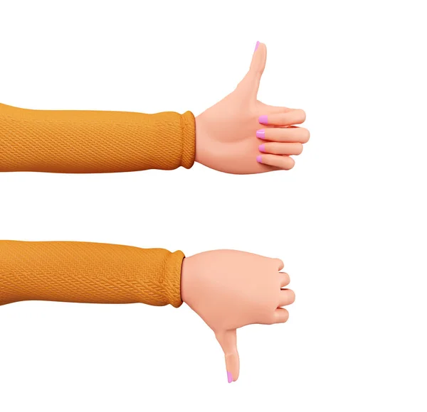 3Dハンドジェスチャー 親指を上げます 手の記号 好きと嫌い 3Dレンダリング マニキュアと女性の漫画の手は親指を上下に表示されます 白い背景に隔離された — ストック写真