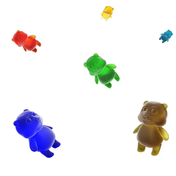 Falling Jelly bears, 3d render. Multicolored jelly beans isolated on a white background. Sweet Gummy Bears.
