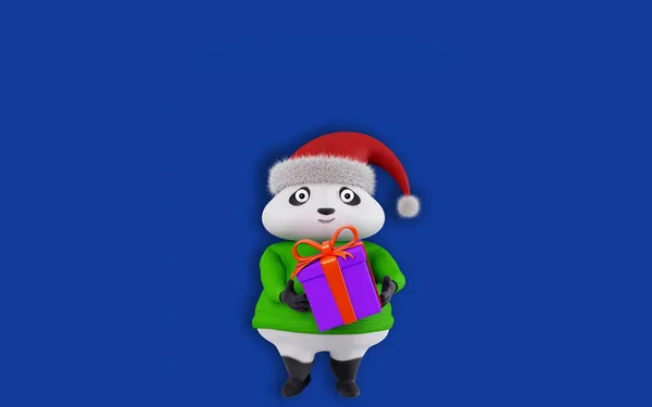 Karácsonyi Karakter Kezében Egy Ajándék Doboz Render Karácsonyi Panda Medve — Stock Fotó