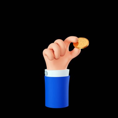 Karikatür el bozuk para tutuyor, 3 boyutlu. Üç boyutlu iş adamının elinde bir dolar para var. Siyah arkaplanda izole edilmiş 3d illüstrasyon.