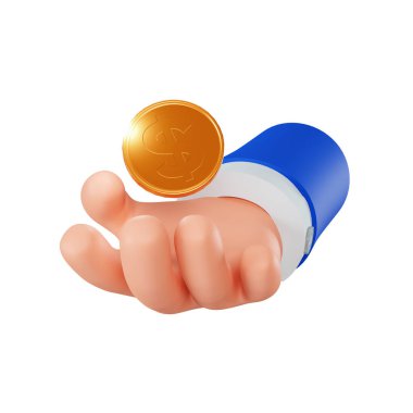 Karikatür el bozuk para tutuyor, 3 boyutlu. Üç boyutlu iş adamının elinde bir dolar para var. Beyaz arkaplanda izole edilmiş 3d illüstrasyon.