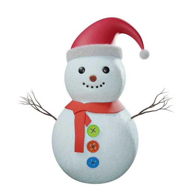 Cartoon Snowman Cute Snowman Wearing Santa Hat Scarf Buttons Render — Stock Photo, Image