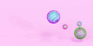 Camdan yanardöner küreler, 3D renkte. Soyut arkaplan. Pembe arka planda parlak parlak küreler. Modaya uygun pankart tasarımı.