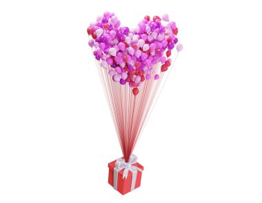 Bir grup pembe kalp balonu bir hediye kutusunu havaya kaldırır, 3D render. İçinde kalp balonları olan bir hediye kutusu, beyaz arka planda izole bir şekilde gökyüzünde süzülüyor..